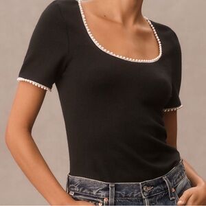 Anthropologie Canape Elegant Black scooo Top with Pearl Trim